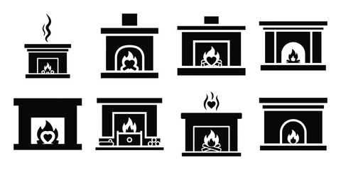 romantic fireplace minimal flat vector icon set, black color and white background