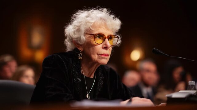 A woman with distinctive glasses and a contemplative expression sits attentively in a formal setting, highlighting a moment of reflection and engagement in a significant discussion.