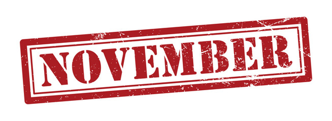Red November rubber stamp illustration isolated on transparent background. Distressed vintage rectangular label with month name November. Grunge ink effect typography for calendar design, planner