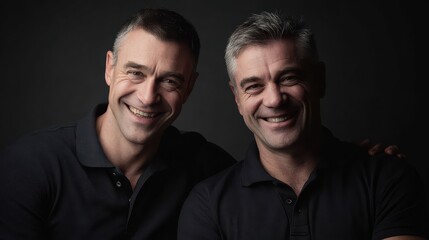 Obraz premium two men wearing dark polo shirts smiling together