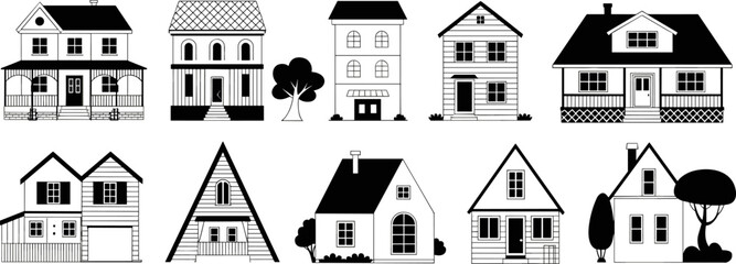 Fototapeta premium Set of black and white vector house illustrations featuring various residential building styles for real estate and architectural design projects.