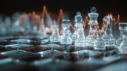 Glowing chess pieces on a chessboard with an abstract wave pattern, suggesting strategy and data visualization