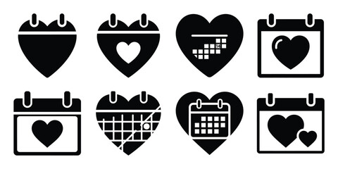 valentine calendar heart minimal flat vector icon set, black color and white background