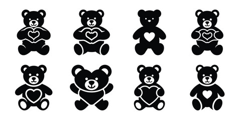 Fototapeta premium teddy bear heart minimal flat vector icon set, black color and white background