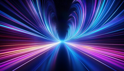 vibrant abstract light trails form a glowing cosmic tunnel of blue and purple hues