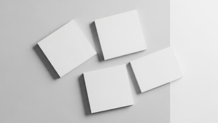 Four blank white sticky notes on light gray surface mockup isolated on white background