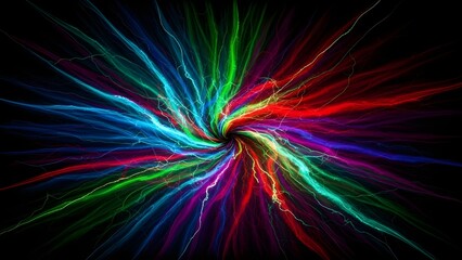A dynamic burst of colorful light streaks radiating from a central vortex against a dark background, creating an abstract and energetic visual.
