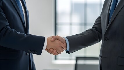 Two businessmen in suits shaking hands in a professional setting, symbolizing agreement and partnership.