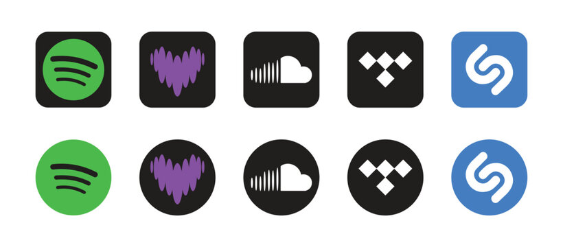 Spotify, Deezer, SoundCloud, TIDAL and Shazam app logos icon set, Editorial use only