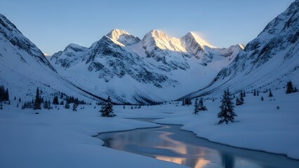 Majestic snowcovered mountain range illuminated by the golden light of sunrise or sunset over a partially frozen river valley surrounded by pine trees in a vast, cold winter landscape