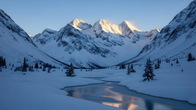 Majestic snowcovered mountain range illuminated by the golden light of sunrise or sunset over a partially frozen river valley surrounded by pine trees in a vast, cold winter landscape