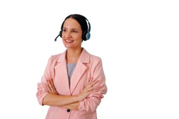 Call center agent woman wearing headset, smiling, standing with crossed arms, offering professional customer service support with transparent background