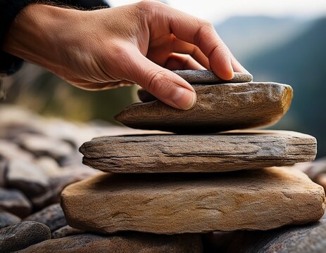 vibrant photo of close up of hands placing a stone in the bottom row a pile of large flat stones stacked on top of each other to form a wall with horizontal rocks at the base