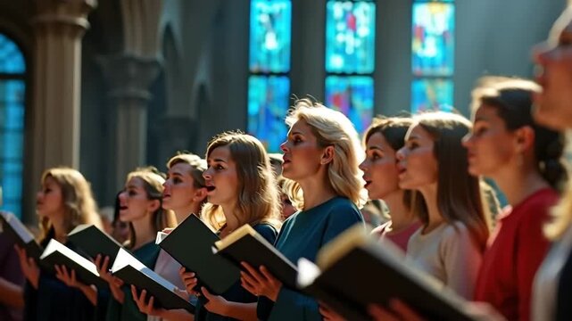 A female choir singing sacred music in a church. A group of women performing a hymn during a worship service. Faith, spirituality, and community concept