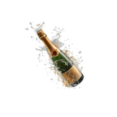 Champagne bottle splashing with liquid against black isolated on a transparent background