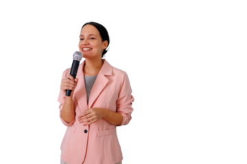 Female presenter speaking into microphone, delivering presentation, smiling, confident host with transparent background