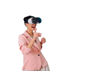 Woman wearing vr headset experiencing virtual reality, interacting with metaverse content, futuristic technology concept