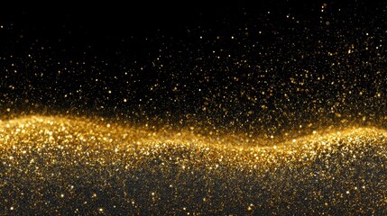 Fototapeta premium Golden glittering particles are seen floating against a stark black background, forming a wave-like pattern. These specks create a feeling of luxury and festivity