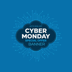 Cyber Monday Special Offer Banner with Up to 50 Percent Discount on Blue Technology Background