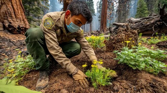 Focused medium shot of a forest ranger carefully inspecting and uprooting invasive species without chemicals emphasizing sustainable and organic management methods.