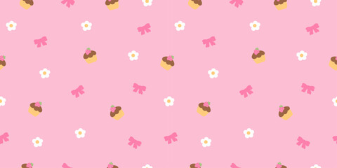Seamless pink pattern with kawaii strawberry cupcakes, bows and tiny white daisies. Sweet romantic background for Valentine wrapping paper, fabric, stationery and girly pastel projects.