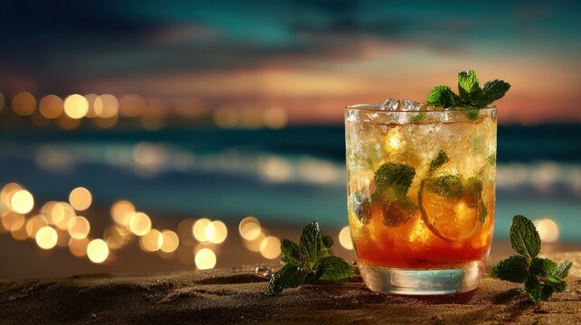 refreshing cocktail served at twilight beachside with glowing lights and ocean waves in the background