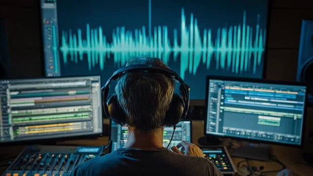 Medium shot of an audio professional converting mastered tracks into various file formats using digital tools for versatile distribution.