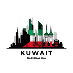 Obraz premium Kuwait National Day celebration vector illustration design | Stylized Kuwait City skyline silhouette with national flag colors | Modern graphic art featuring Kuwait Towers and skyscrapers