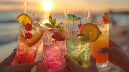 friends toasting colorful cocktails and mocktails at beach sunset party tropical drinks with fruit garnish ice ocean backdrop summer celebration vacation social gathering concept