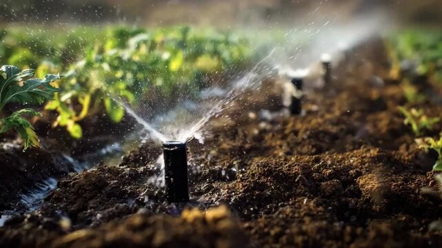Dynamic medium shot capturing subsurface drip irrigation with varied emitter types underground emphasizing water conservation and improved plant growth.