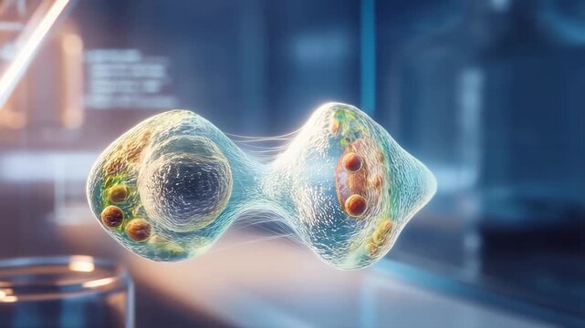 3D animation of organic animal cell division illustrating cytokinesis with dynamic cytoplasm and nucleolus in futuristic lab