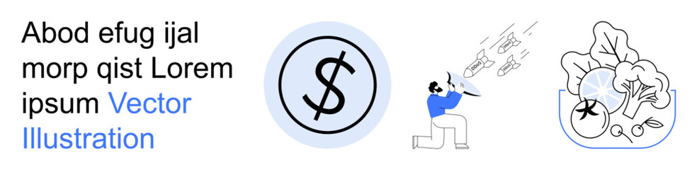 Financial planning, currency systems, environmental sustainability, technology innovation, creative solutions, teamwork. A dollar symbol, person with flying papers and plants. Financial planning