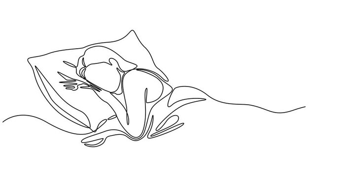 Animated self drawing of Woman sleeping on pillow bed continuous one line drawing. Sleeping woman in single line art illustration. Editable vector,