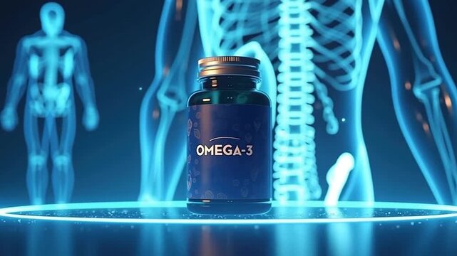 Omega-3 supplement bottle on a futuristic background with a glowing human skeleton. 3D animation representing health and medical science. Wellness and nutrition concept