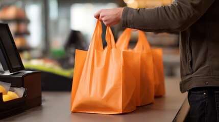 A man is holding an orange shopping bag at the checkout counter in a supermarket.