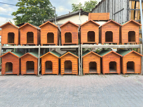 Wooden dog kennels stacked outdoors