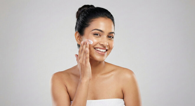 Young Indian Woman Applying Under Eye Cream And Smiling At Camera, Happy Beautiful Eastern Lady Moisturising Skin, Posing Over Beige Studio Background, Copy Space