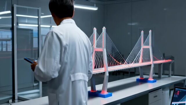 Specialist analyzes dynamic load impact on a suspension bridge model with realtime data and simulation tools indoors