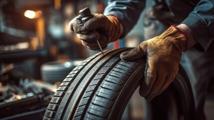 Detailed Tire Inspection in Automotive Workshop by Professional Mechanic