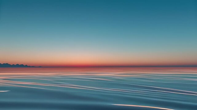 A serene sunset over a calm ocean with a gradient sky reflecting on the tranquil water surface.