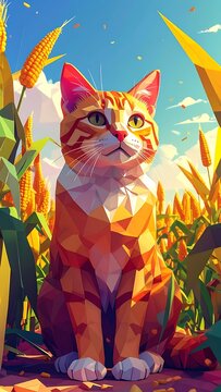 Low poly orange tabby cat sitting in a vibrant cornfield under a sunny blue sky, rendered in a geometric style