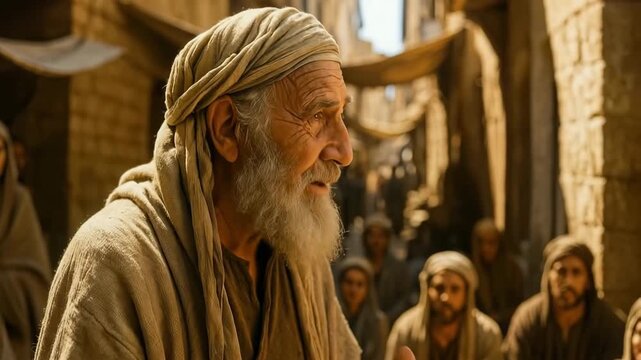 An elderly prophet with a white beard speaking to a crowd in ancient times. A wise teacher telling a story in a biblical city. Historical religious reenactment