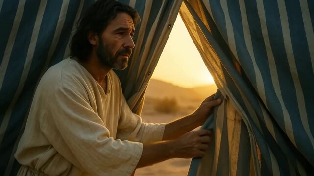 Biblical man in a tent looking out at the desert sunrise. Ancient historical prophet contemplating in the wilderness. Old testament story concept