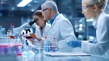 Pharmaceutical scientists analyzing biochemical markers during efficacy testing capturing detailed data collection with advanced lab equipment.