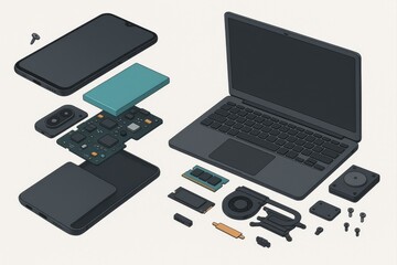Disassembled electronic devices showcasing intricate components including smartphone circuitry laptop parts and connectivity modules in a detailed technical representation