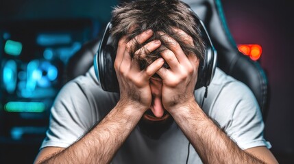 A young businessman holding his head with a sad and stressed expression because of a headache