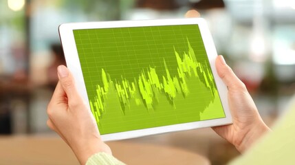 A woman is holding a tablet showing a green stock market trend graph.