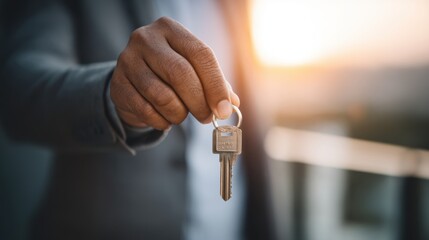 A driven young businessman holds a set of keys in the sunlight amidst the city atmosphere, showcasing his success.