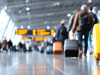 A bustling passenger terminal filled with passengers dragging suitcases.
