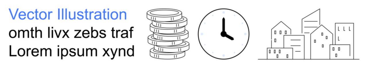 Economic growth, time management, urban development, financial planning, productivity, city life. Stacked coins, a clock and modern buildings. Economic growth and time management concept